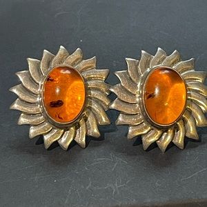 Southwestern Honey Amber Sterling Clip Earrings